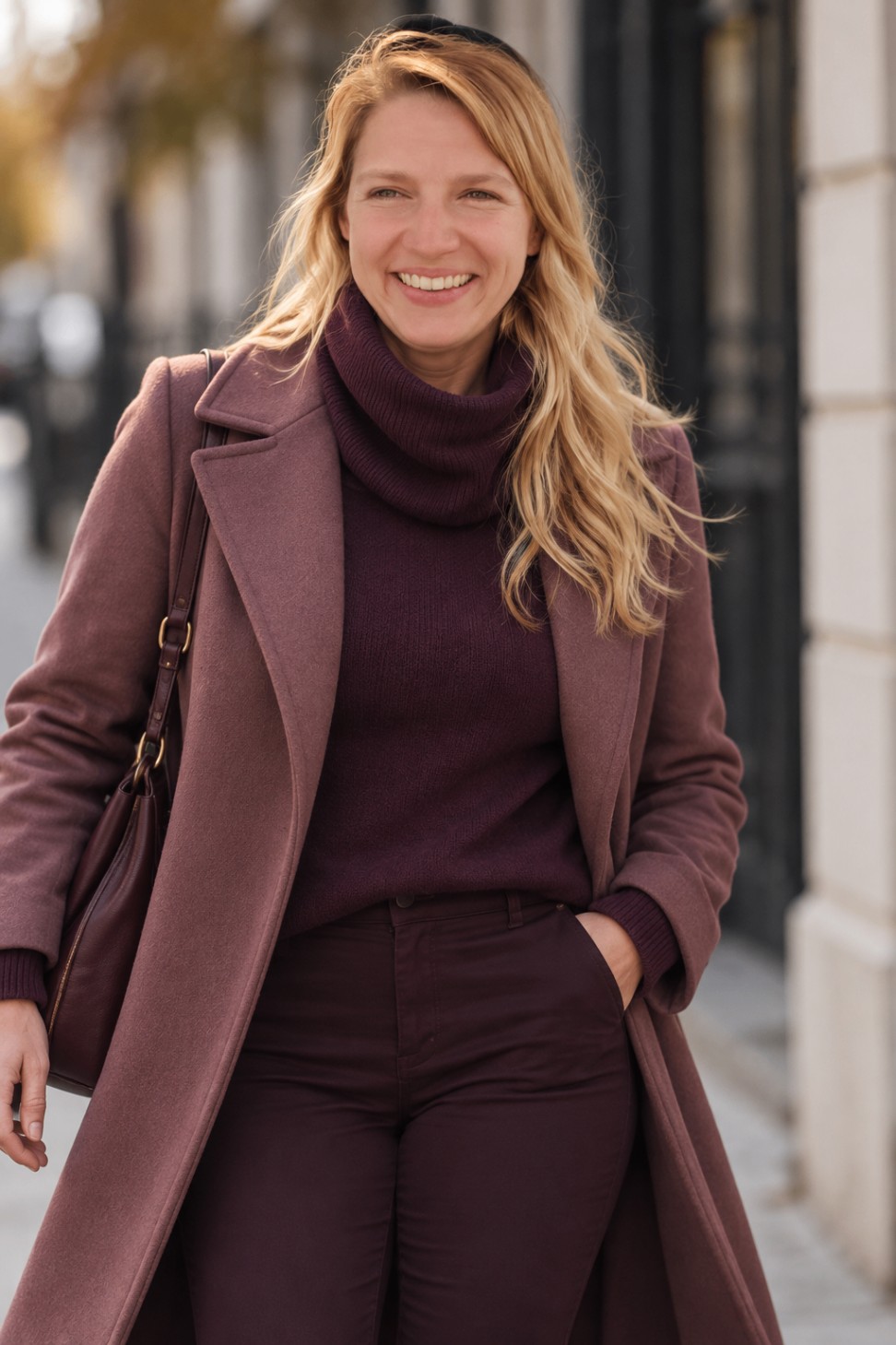 Nathalie Sameli lächelt in einem dunklen Mantel auf einer Stadtstrasse