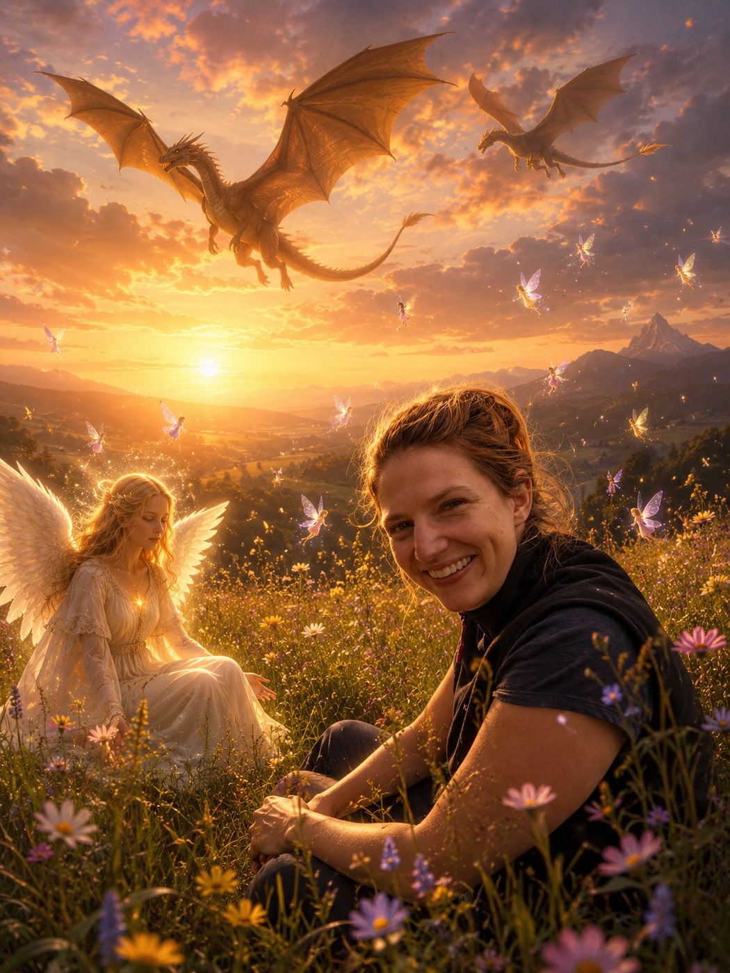 Nathalie Sameli in einer fantasievollen Landschaft mit geflügelten Wesen